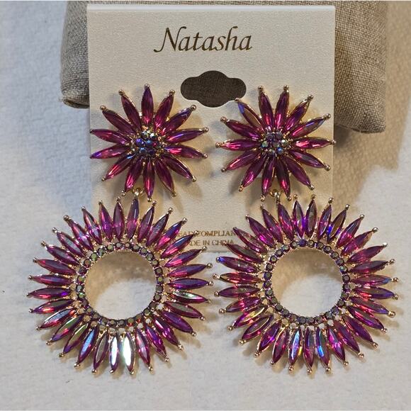 Natasha Gorgeous Pink Iridescent Starburst Chandelier Earrings New! - Picture 1 of 7